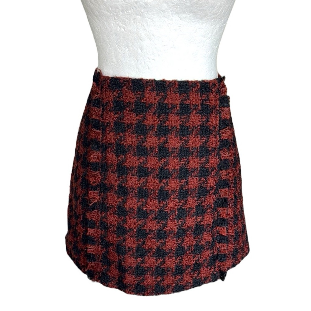 House of Harlow 1960 Black & Brown Houndstooth Fringe Tweed Mini Skirt - M